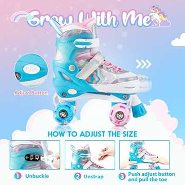 SULIFEEL Rainbow Unicorn 4 Size Adjustable Light up Roller Skates for Girls Boys for Kids Blue Small