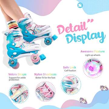 SULIFEEL Rainbow Unicorn 4 Size Adjustable Light up Roller Skates for Girls Boys for Kids Blue Small