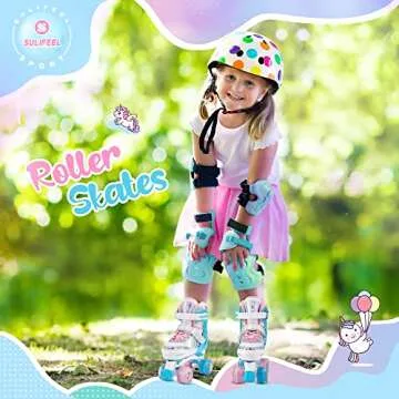SULIFEEL Rainbow Unicorn 4 Size Adjustable Light up Roller Skates for Girls Boys for Kids Blue Small