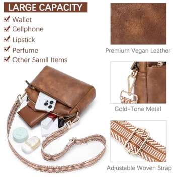 BOSTANTEN Small Crossbody Purse for Women Triple Zip Cell Phone Leather Shoulder Handbag with Wide Guitar Strap Brown