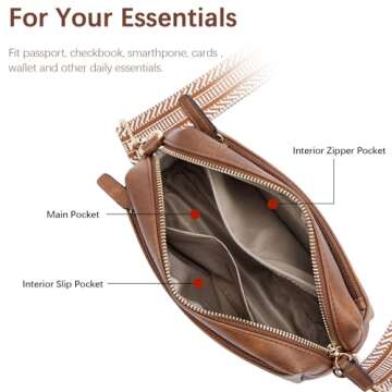 BOSTANTEN Small Crossbody Purse for Women Triple Zip Cell Phone Leather Shoulder Handbag with Wide Guitar Strap Brown