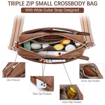 BOSTANTEN Small Crossbody Purse for Women Triple Zip Cell Phone Leather Shoulder Handbag with Wide Guitar Strap Brown