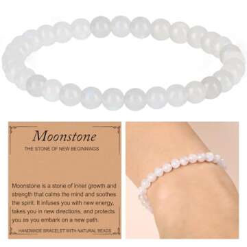 QOGIR Moonstone Bracelet - Handmade Natural Gem Stone Beaded Stretch Bracelet