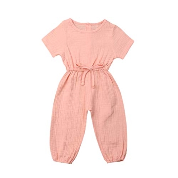 Mubineo Toddler Girl Summer Fall Cotton Linen Romper Jumpsuit - Peach Pink