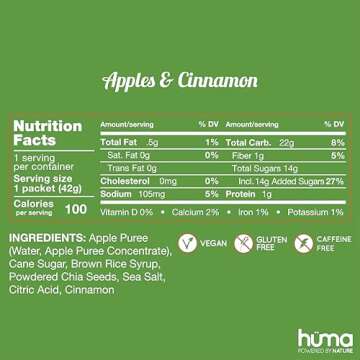Huma Chia Energy Gel, Apples & Cinnamon, 12 Gels - Premier Sports Nutrition for Endurance Exercise