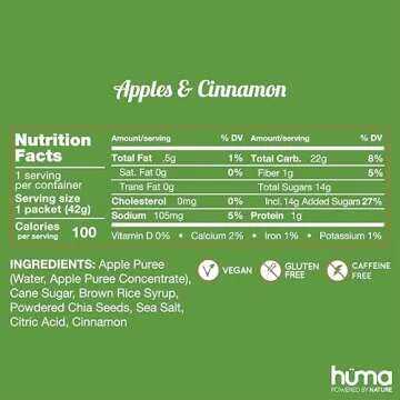 Huma Chia Energy Gel, Apples & Cinnamon, 12 Gels - Premier Sports Nutrition for Endurance Exercise
