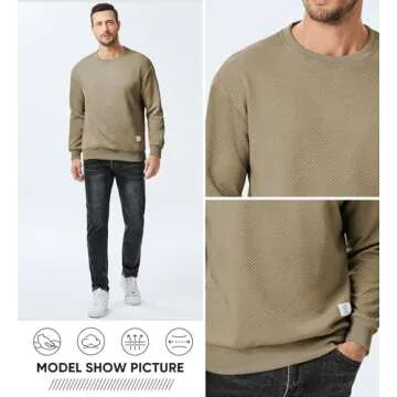 JMIERR Men's Crewneck Sweatshirt Casual Long Sleeve Midweight Texture Sweatshirts Waffle Pullover Shirt Winter Apparel, US40(M), 02 Khaki