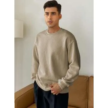 JMIERR Men's Crewneck Sweatshirt Casual Long Sleeve Midweight Texture Sweatshirts Waffle Pullover Shirt Winter Apparel, US40(M), 02 Khaki