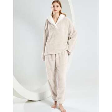 VDWIP Pajama Sets for Women 2 Piece Fleece Fuzzy Fluffy Pajamas Pullover Pants Loose Plush Sleepwear Fuzzy Loungewear Set(Beige-M)