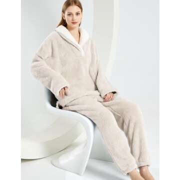 VDWIP Pajama Sets for Women 2 Piece Fleece Fuzzy Fluffy Pajamas Pullover Pants Loose Plush Sleepwear Fuzzy Loungewear Set(Beige-M)