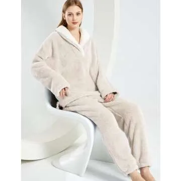 VDWIP Pajama Sets for Women 2 Piece Fleece Fuzzy Fluffy Pajamas Pullover Pants Loose Plush Sleepwear Fuzzy Loungewear Set(Beige-M)