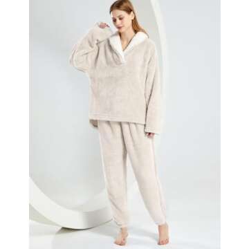 VDWIP Pajama Sets for Women 2 Piece Fleece Fuzzy Fluffy Pajamas Pullover Pants Loose Plush Sleepwear Fuzzy Loungewear Set(Beige-M)