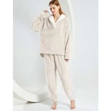 VDWIP Pajama Sets for Women 2 Piece Fleece Fuzzy Fluffy Pajamas Pullover Pants Loose Plush Sleepwear Fuzzy Loungewear Set(Beige-M)