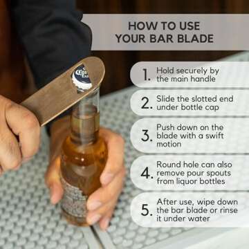 A Bar Above Premium Bar Blade, Stainless Steel Bottle Opener, for Beer, Soda, and Other Glass Bottles, Dishwasher Safe, Rust Free, Professional Beer Opener, for Bartenders and Home Bars, 7" Bar Tool