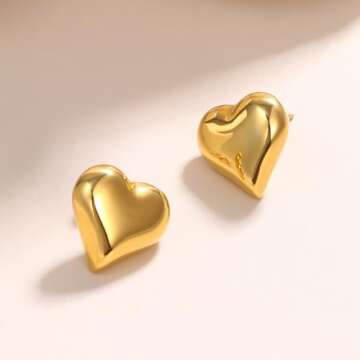 8YEARS Gold Heart Earrings for Women, 18K Gold Plated Chunky Heart Statement Dangle Drop Earrings, Gold Heart Stud Earrings Trendy Jewelry Gifts (Small Heart)