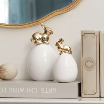DN DECONATION Easter Bunny Decorations, 2 Pcs Cute Gold Rabbit Sit on White Eggs Figurines for Sprin...