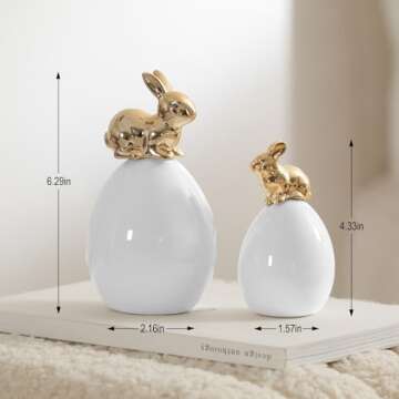 DN DECONATION Easter Bunny Decorations, 2 Pcs Cute Gold Rabbit Sit on White Eggs Figurines for Spring Indoor Home Decor, Porcelain Rabbit Statues Table Centerpiece Mantel Tray Decor Gift