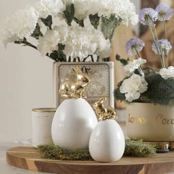 DN DECONATION Easter Bunny Decorations, 2 Pcs Cute Gold Rabbit Sit on White Eggs Figurines for Spring Indoor Home Decor, Porcelain Rabbit Statues Table Centerpiece Mantel Tray Decor Gift