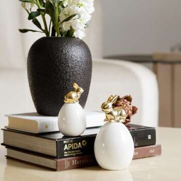 DN DECONATION Easter Bunny Decorations, 2 Pcs Cute Gold Rabbit Sit on White Eggs Figurines for Spring Indoor Home Decor, Porcelain Rabbit Statues Table Centerpiece Mantel Tray Decor Gift