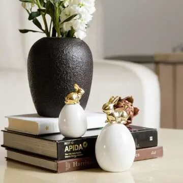 DN DECONATION Easter Bunny Decorations, 2 Pcs Cute Gold Rabbit Sit on White Eggs Figurines for Spring Indoor Home Decor, Porcelain Rabbit Statues Table Centerpiece Mantel Tray Decor Gift