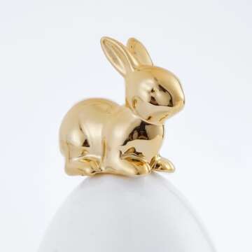 DN DECONATION Easter Bunny Decorations, 2 Pcs Cute Gold Rabbit Sit on White Eggs Figurines for Spring Indoor Home Decor, Porcelain Rabbit Statues Table Centerpiece Mantel Tray Decor Gift