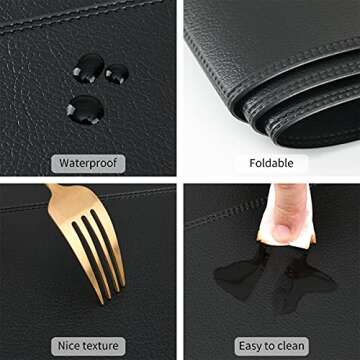 Punkspace Black Faux Leather Placemats Set of 6 Stain Resistant Table Mats Waterproof Easy to Clean ...