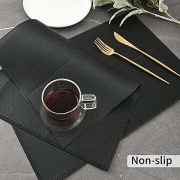 Punkspace Black Faux Leather Placemats Set of 6 Stain Resistant Table Mats Waterproof Easy to Clean Washable for Kitchen Dining Table