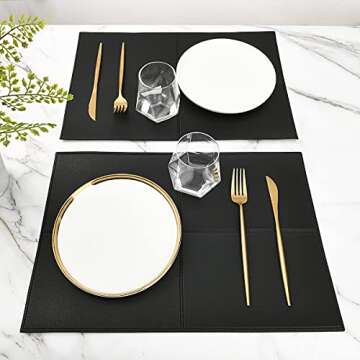 Punkspace Black Faux Leather Placemats Set of 6 Stain Resistant Table Mats Waterproof Easy to Clean Washable for Kitchen Dining Table