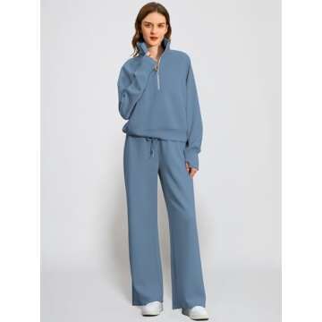 Casly Lamiit 2 Piece Outfits for Women Lounge Casual Half Zip Sweatshirt Set Winter Long Sleeve Sweatsuit Airplane Travel Clothes Ropa De Mujer Dark Blue M