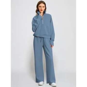 Casly Lamiit 2 Piece Outfits for Women Lounge Casual Half Zip Sweatshirt Set Winter Long Sleeve Sweatsuit Airplane Travel Clothes Ropa De Mujer Dark Blue M