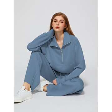 Casly Lamiit 2 Piece Outfits for Women Lounge Casual Half Zip Sweatshirt Set Winter Long Sleeve Sweatsuit Airplane Travel Clothes Ropa De Mujer Dark Blue M