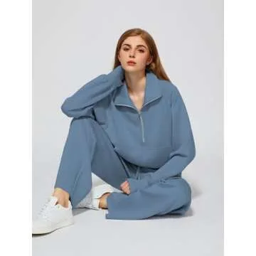 Casly Lamiit 2 Piece Outfits for Women Lounge Casual Half Zip Sweatshirt Set Winter Long Sleeve Sweatsuit Airplane Travel Clothes Ropa De Mujer Dark Blue M