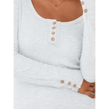 Kissfix Womens Long Sleeve Shirts Going Out Fall Clothes Casual Henley Tops Ribbed Knit Blouses Fashion Trendy Outfits White S