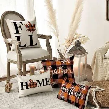AVOIN colorlife Home Fall Buffalo Check Plaid Pumpkin Maple Leaf Throw Pillow Cover, 18 x 18 Inch Autumn Give Thanks Gather Farmhouse Cushion Case for Sofa Couch Set of 4
