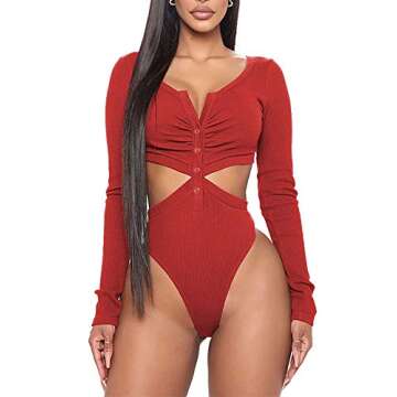 Women Sexy Bodysuits with Sexy V-Neck Design & Hollow Bodycon Style