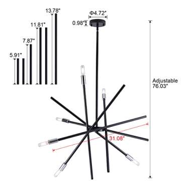VILUXY Modern Sputnik Chandelier 6 Lights Black Linear Ceiling Pendant Light Fixture Mid Century Han...