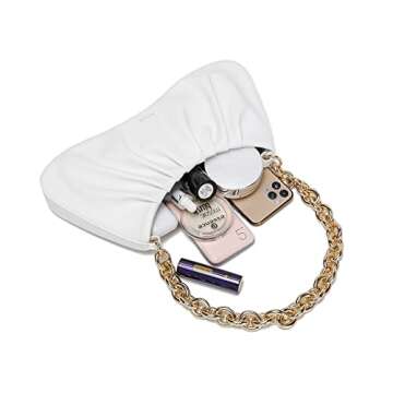 JOLLQUE Shoulder Bag for Women,Small Leather Dumpling Bags Handbag Purse,Gold Chain Evening Clutch Purses with Heavy Aluminum Metal Chain(White)