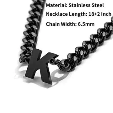 DuoDiner T Letter Necklace Initial Cuban Link Chain for Men Boys Stainless Steel Pendant Gift Black