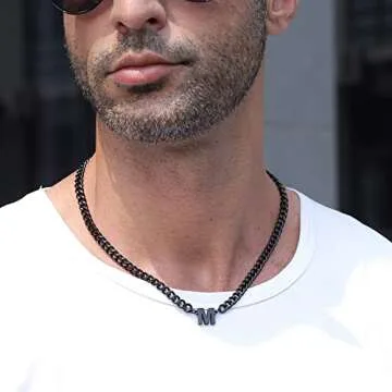 DuoDiner T Letter Necklace Initial Cuban Link Chain for Men Boys Stainless Steel Pendant Gift Black