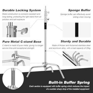 Soonpho Heavy Duty C-Stand Kit,Stainless Steel Photography Light Stand,Adjustable 5-10.8 feet Sturdy Tripod for Studio Softbox, Monolights,LED Light,Reflector, Umbrella