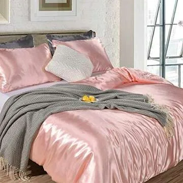Duvet Cover Silky Satin Luxury Royal Hotel Silk Like Pink Satin Bedding Set 1 Duvet Cover 2 Pillowcases (A-Pink, Queen)