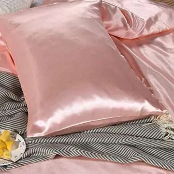 Duvet Cover Silky Satin Luxury Royal Hotel Silk Like Pink Satin Bedding Set 1 Duvet Cover 2 Pillowcases (A-Pink, Queen)
