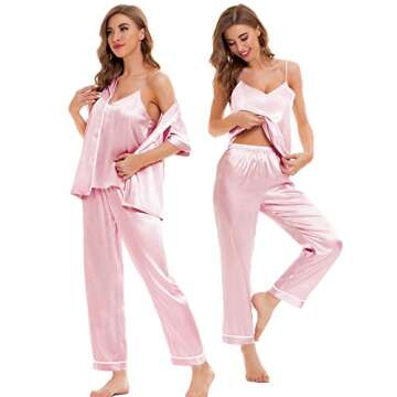 SWOMOG Womens Silk Satin Pajamas Sets 4pcs Sleepwear Sexy Cami Shorts Set and Button Down Short Slee...