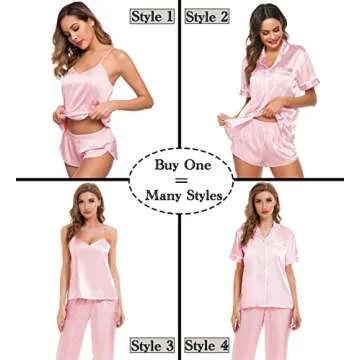 SWOMOG Womens Silk Satin Pajamas Sets 4pcs Sleepwear Sexy Cami Shorts Set and Button Down Short Sleeve Pjs Loungewear Pink White Piping Large