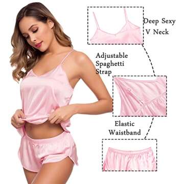 SWOMOG Womens Silk Satin Pajamas Sets 4pcs Sleepwear Sexy Cami Shorts Set and Button Down Short Sleeve Pjs Loungewear Pink White Piping Large