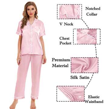 SWOMOG Womens Silk Satin Pajamas Sets 4pcs Sleepwear Sexy Cami Shorts Set and Button Down Short Sleeve Pjs Loungewear Pink White Piping Large