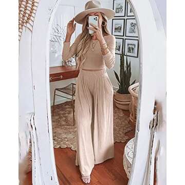 BTFBM Women's Two Piece Lounge Set Long Sleeve Bodycon Ribbed Knit Crop Top Loose Wide Leg Pant Casual Outfits Sweatsuit(Solid Apricot, Large)