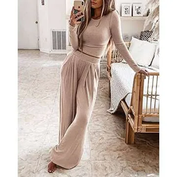 BTFBM Women's Two Piece Lounge Set Long Sleeve Bodycon Ribbed Knit Crop Top Loose Wide Leg Pant Casual Outfits Sweatsuit(Solid Apricot, Large)