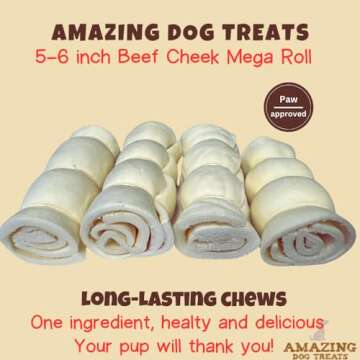 Amazing Dog Treats - Beef Cheek Rolls (Mega Thick 5-6" - 4 Pcs) - Safe Rawhide Alternative Dog Chew ...