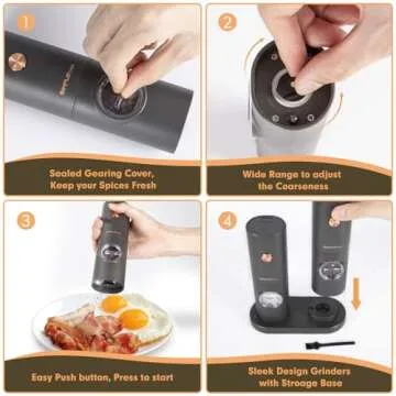 SIMPLETASTE Electric Salt and Pepper Grinder Set, One-Handed, Battery Powered, Adjustable Coarseness, LED Light, Pepper mills with stand, Seasoning Tools for Kitchen, Dining or Gifting